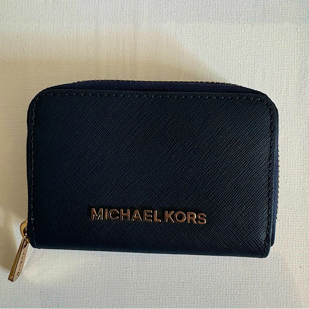 Brand New- Michael Kors Navy Zip-Around Wallet with Gold Hardware